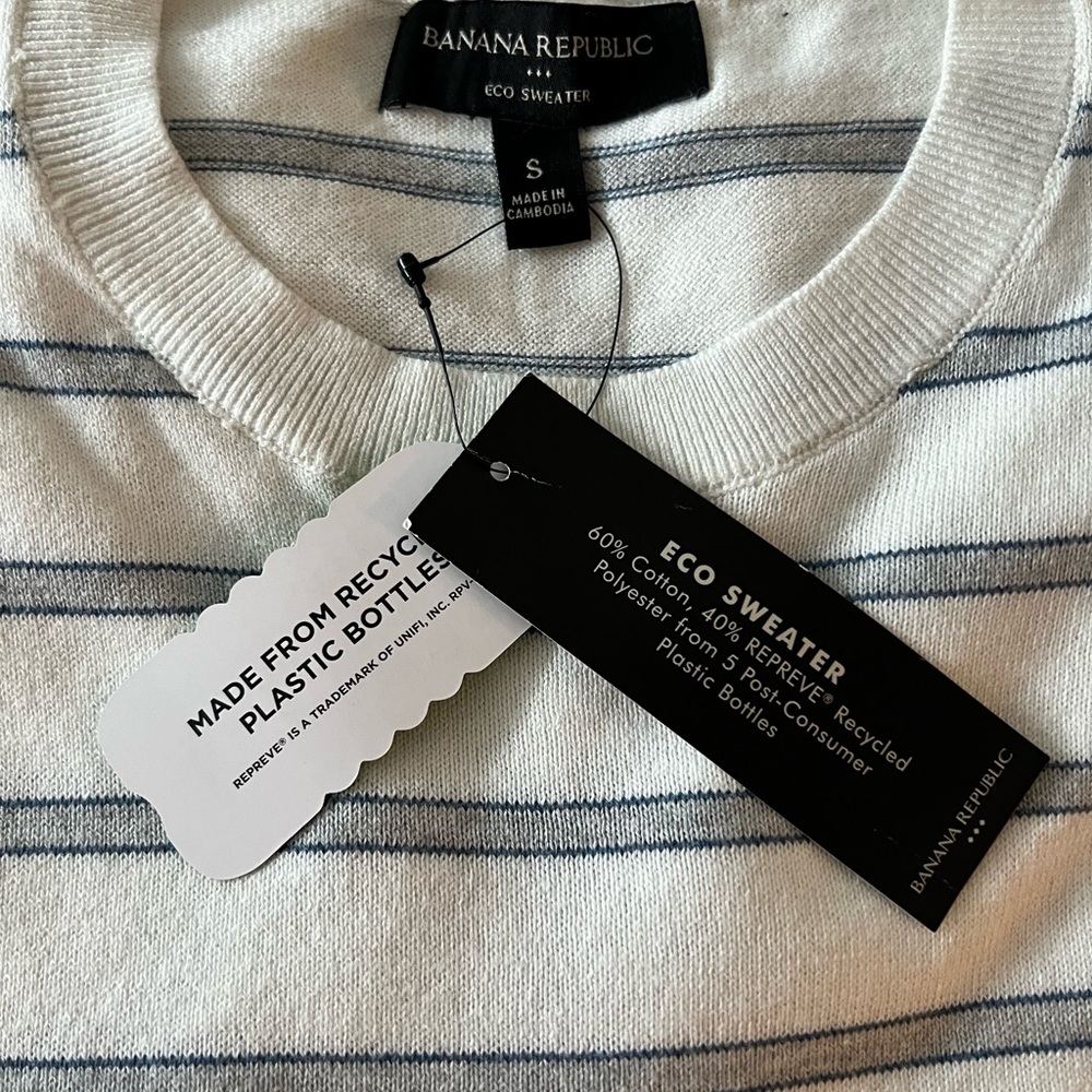 Banana Republic White and Blue Striped Eco Sweater
